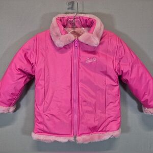 Barbie Girls Reversible Pink Faux Fur Puffer Jacket Zip Up Winter Coat Kids